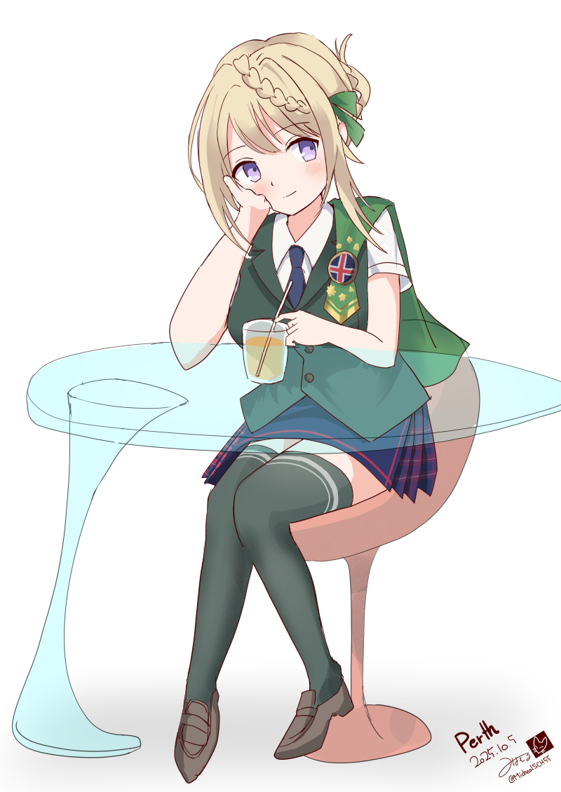michaelsch55, perth (kancolle), kantai collection, 1girl, artist logo, australia, badge, blonde hair, blue necktie, blush, braid, braided bangs, braided bun, breasts, cape, character name, cloak, dated, green cape, green cloak, green sarong, green thighhighs, green vest, hair between eyes, hair bun, juice, logo, long hair, looking at viewer, necktie, one-hour drawing challenge, plaid clothes, plaid skirt, pleated skirt, purple eyes, sarong, school uniform, shirt, short sleeves, simple background, single hair bun, skirt, solo, table, thighhighs, twitter username, vest, white background, white shirt