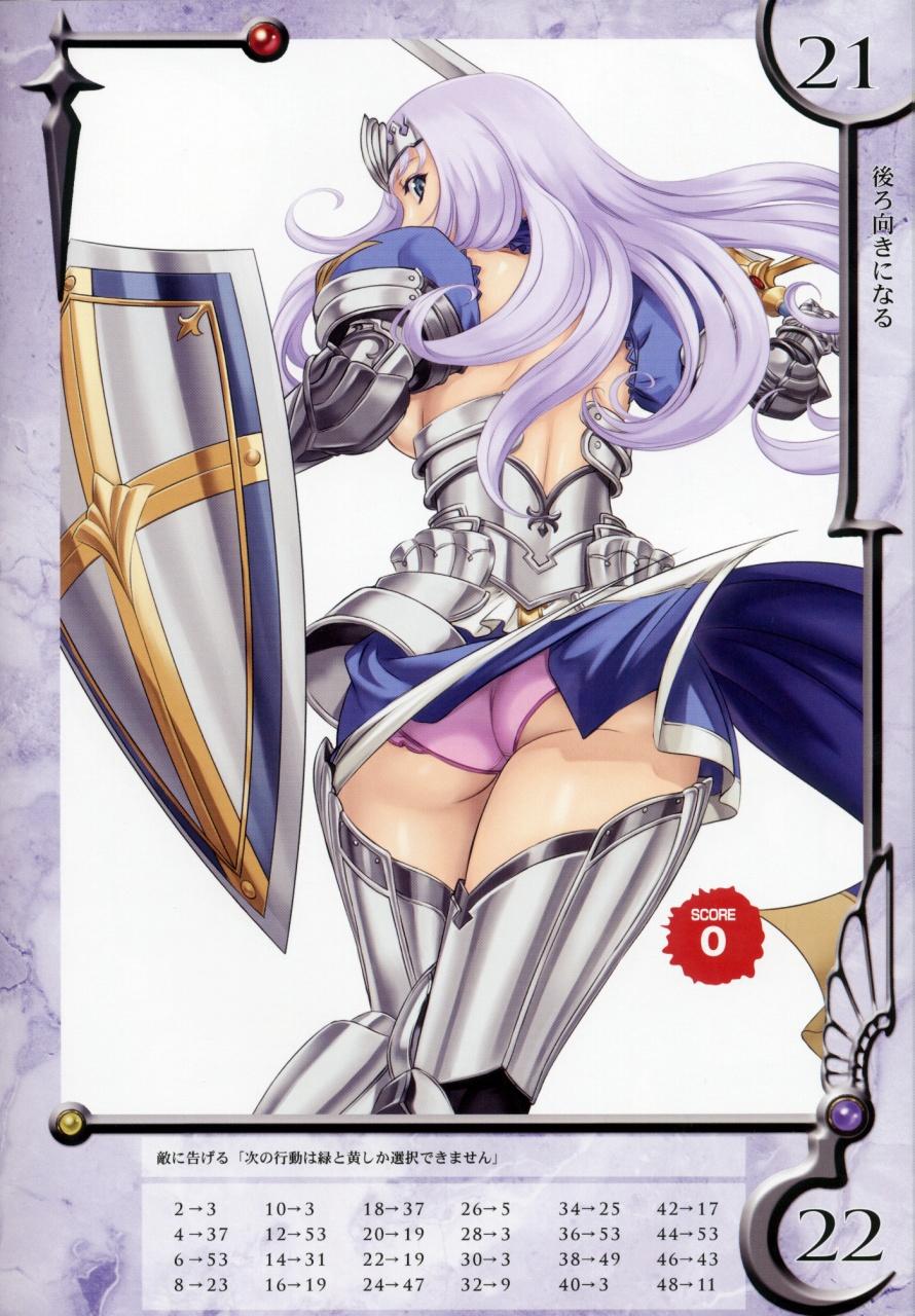 eiwa, annelotte, knight princess annelotte, queen's blade, queen's blade rebellion, highres, 00s, 10s, 1girl, annelotte (queen's blade), armor, armored dress, ass, breasts, dress, elbow gloves, female focus, frilled panties, frills, gloves, large breasts, long hair, looking back, panties, purple hair, purple panties, shield, sideboob, solo, sword, thighhighs, tiara, underwear, upskirt, weapon