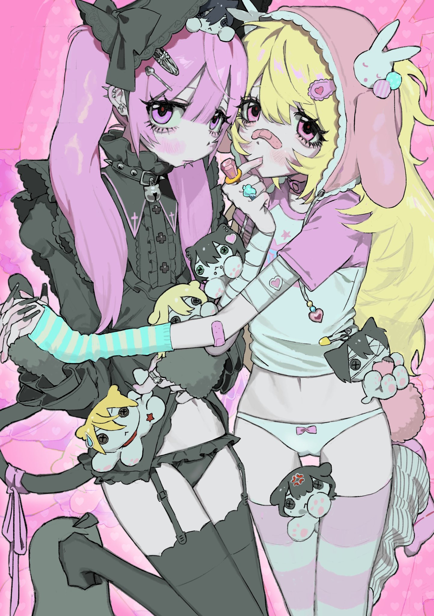rios14, original, commentary, highres, symbol-only commentary, 2girls, aegyo sal, animal hat, arm warmers, bandaid, bandaid on face, black dress, blonde hair, bonnet, cameltoe, dress, fake tail, flat chest, gothic lolita, hat, heisei retro, holding hands, jojifuku, lolita fashion, long hair, long sleeves, looking at viewer, loose socks, multiple girls, navel, panties, petite, pink eyes, pink hair, rabbit hat, rabbit tail, ring pop, shirt, socks, striped clothes, striped thighhighs, t-shirt, tail, thighhighs, twintails, underwear, very long hair