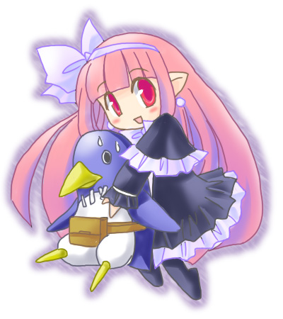 karina, mage (disgaea), prinny, disgaea, makai senki disgaea, makai senki disgaea 2, makai senki disgaea 3, nippon ichi, lowres, 00s, chibi, demon girl, dress, pink eyes, pink hair, pointy ears