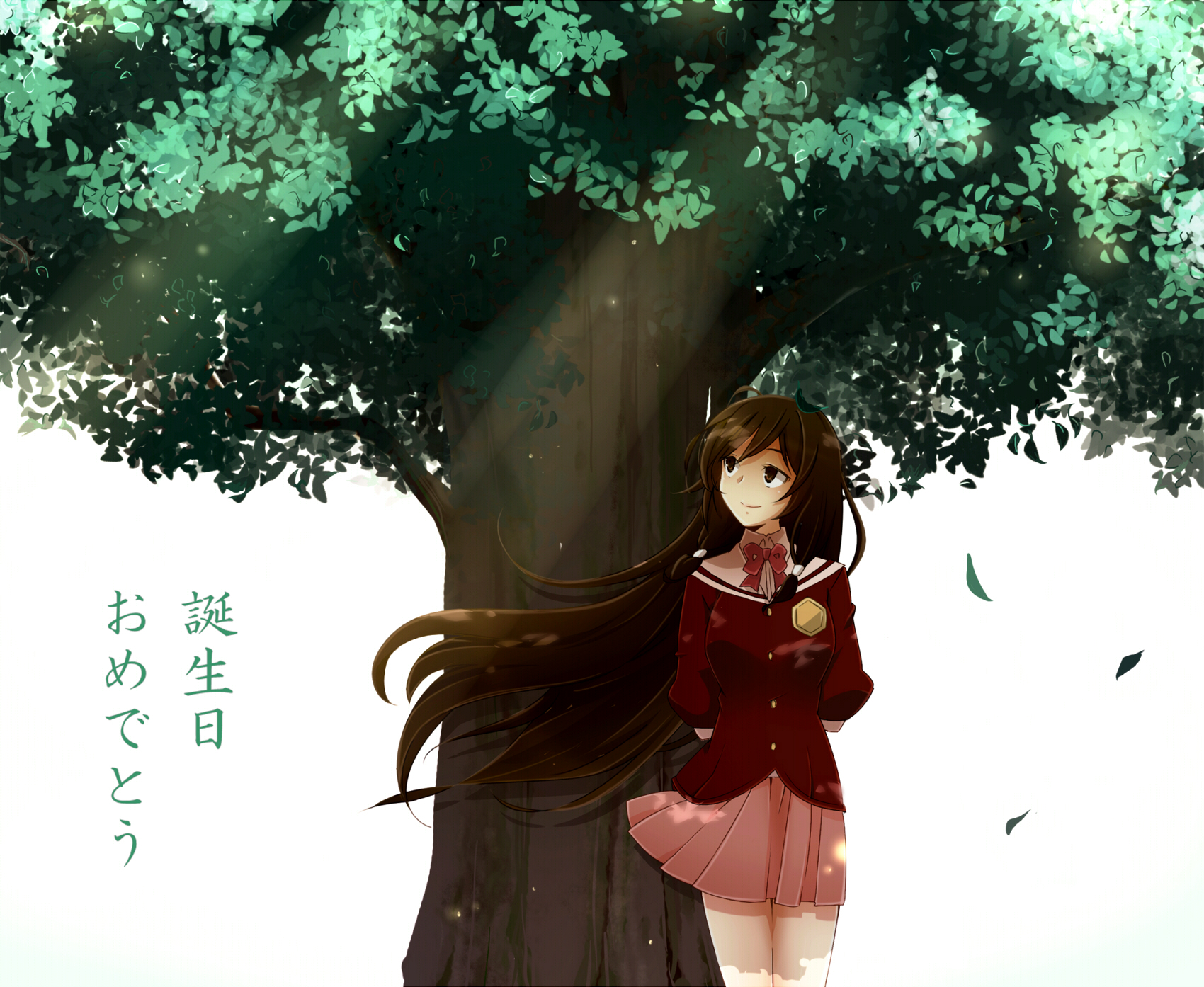 b (kana0816), kasuga kusunoki, kami nomi zo shiru sekai, commentary request, highres, translation request, 1girl, arms behind back, blush, bow, bowtie, breasts, brown eyes, brown hair, closed mouth, collared shirt, cowboy shot, day, falling leaves, floating hair, hair tubes, jacket, large breasts, leaf, light particles, light rays, long hair, looking to the side, looking up, miniskirt, outdoors, parted bangs, pink sailor collar, pink shirt, pink skirt, pleated skirt, red bow, red bowtie, red jacket, sailor collar, school uniform, shirt, skirt, smile, solo, standing, sunbeam, sunlight, tree, turning head, very long hair