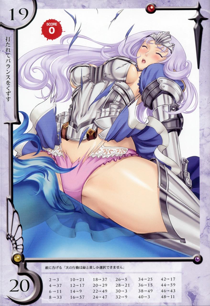 eiwa, ambrosius, annelotte, knight princess annelotte, queen's blade, queen's blade rebellion, highres, 00s, 10s, 1girl, annelotte (queen's blade), armor, armored dress, blue eyes, blush, breasts, closed eyes, dress, elbow gloves, female focus, frilled panties, frills, gloves, horse, large breasts, long hair, navel, panties, purple hair, purple panties, solo, thighhighs, thighs, tiara, torn clothes, underwear
