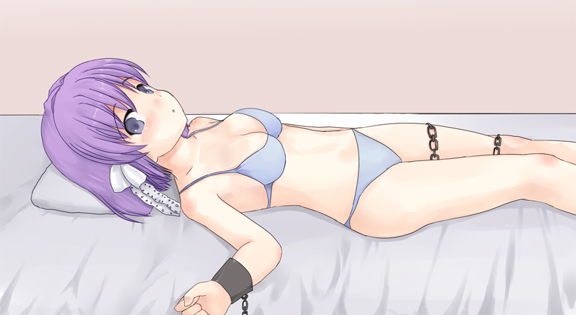 pizanuko, fujibayashi ryou, clannad, 00s, 1girl, bdsm, bondage, bound, chain, cuffs, female focus, lingerie, panties, purple hair, purple panties, shackles, solo, underwear, underwear only