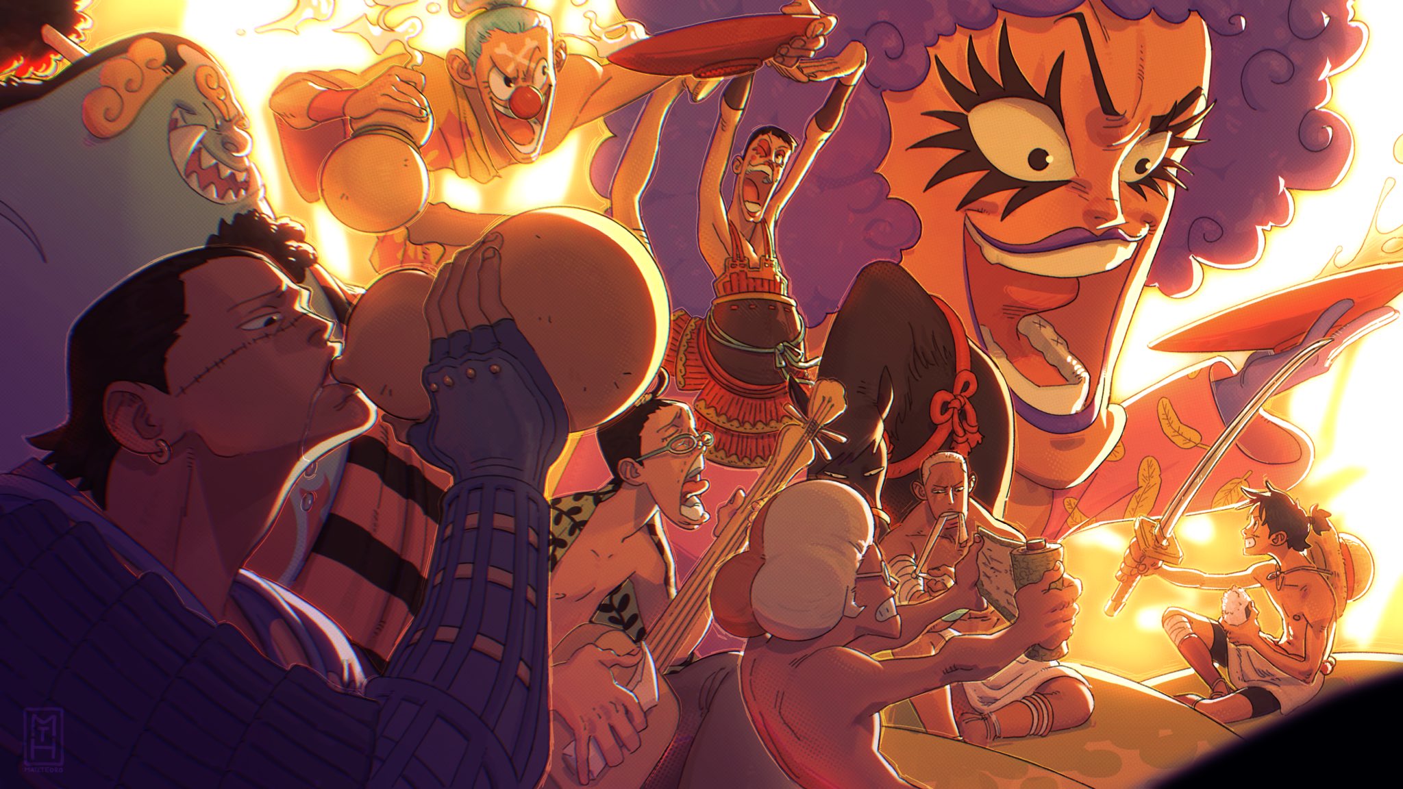 bon clay, buggy the clown, crocodile (one piece), daz bones, emporio ivankov, galdino, inazuma (one piece), jinbe (one piece), monkey d. luffy, one piece, commentary, english commentary, highres, 6+boys, animal, arms up, black hair, blue hair, bottle, buzz cut, curly hair, drinking, earrings, fake eyelashes, food, hat, holding, holding bottle, holding food, holding instrument, holding sword, holding weapon, horse, instrument, jewelry, makeup, matetedro, multicolored hair, multiple boys, music, one eye closed, open mouth, orange hair, ponytail, purple hair, purple lips, red nose, short hair, singing, smile, straw hat, sword, two-tone hair, very short hair, weapon, wristband
