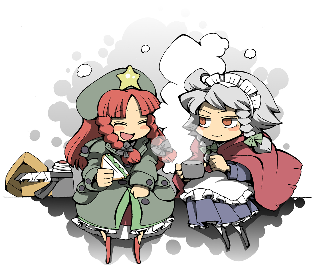 hounori, hong meiling, izayoi sakuya, embodiment of scarlet devil, touhou, silver hair, 2girls, :d, ^ ^, apron, beret, blue dress, braid, breath, brown eyes, china dress, chinese clothes, closed eyes, cup, dress, female focus, full body, hat, multiple girls, open mouth, puffy short sleeves, puffy sleeves, short sleeves, simple background, smile, steam, tea, twin braids, waist apron, white background