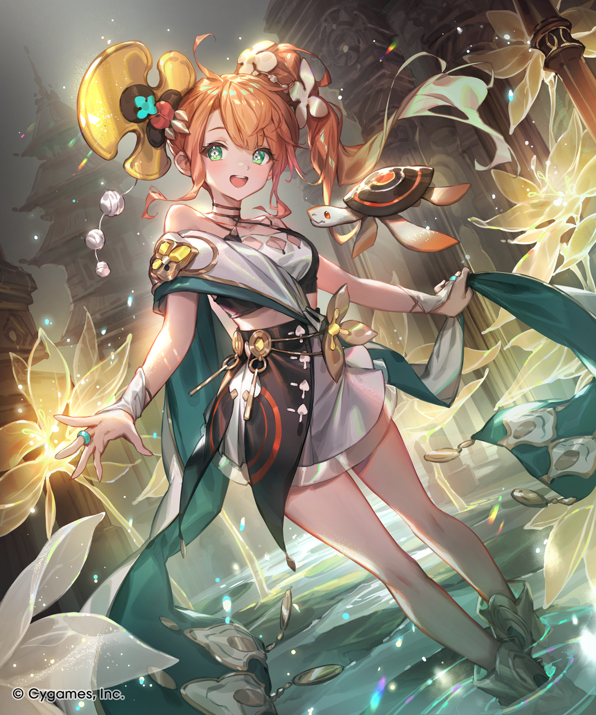 lee hyeseung, shadowverse, shadowverse: worlds beyond, commentary request, highres, official art, 1girl, ahoge, bare legs, blush, breasts, bridal gauntlets, brooch, building, cleavage, cleavage cutout, clothing cutout, collarbone, company name, criss-cross halter, crop top, diamond cutout, flower, green eyes, green shawl, hair flower, hair ornament, halter shirt, halterneck, himeka (shadowverse: worlds beyond), holding shawl, jewelry, long hair, looking at viewer, midriff, navel, open mouth, orange hair, parted bangs, ripples, shawl, shirt, side ponytail, skirt, sleeveless, sleeveless shirt, smile, solo, spade (shape), standing, symbol-shaped pupils, teeth, temple, turtle, upper teeth only, water, white bridal gauntlets, white flower, white shirt, white skirt