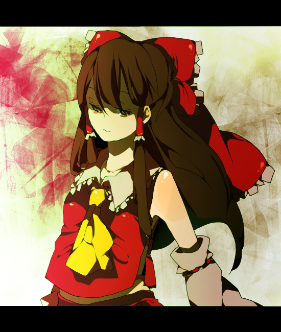 ren (zero second), hakurei reimu, touhou, bad id, bad pixiv id, 1girl, bow, brown hair, detached sleeves, female focus, hair bow, japanese clothes, letterboxed, miko, solo, yellow eyes