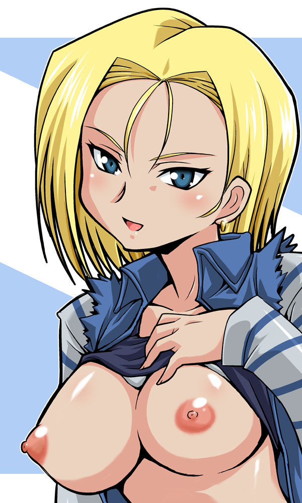 ryumage, android 18, dragon ball, dragonball z, 1girl, blonde hair, blue eyes, breasts, clothes lift, female focus, nipples, open mouth, puffy nipples, shirt lift, smile, solo