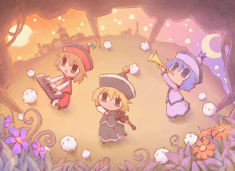 nekoguruma, kedama (touhou), lunasa prismriver, lyrica prismriver, merlin prismriver, touhou, 3girls, blonde hair, chibi, empty eyes, female focus, flower, forest, instrument, keyboard (instrument), moon, multiple girls, nature, siblings, sisters, star (symbol), sun, trumpet, violin