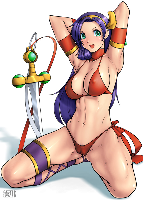qkat, qkat (arikawa-dou), asamiya athena, princess athena, athena (series), snk, the king of fighters, 1girl, aqua eyes, armpits, arms behind head, arms up, bikini, breasts, cameltoe, clitoris, covered erect nipples, fat mons, female focus, green eyes, hairband, kneeling, long hair, medium breasts, purple hair, red bikini, side-tie bikini bottom, smile, solo, swimsuit, sword, weapon
