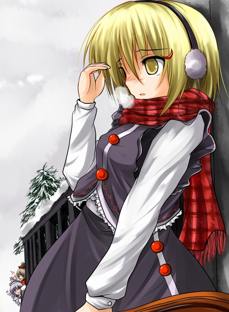 tsuzuri (tuzuri), lunasa prismriver, lyrica prismriver, merlin prismriver, touhou, 3girls, blonde hair, blush, breath, dress, earmuffs, female focus, hair ornament, hairband, headband, multiple girls, nature, outdoors, plant, scarf, short hair, skirt, sky, snow, tree, waiting, yellow eyes