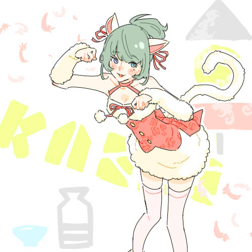 jibakurei (elite unchi), maekawa miku, takagaki kaede, idolmaster, idolmaster cinderella girls, bad id, bad twitter id, lowres, 1girl, animal ears, arm warmers, bare shoulders, breasts, cat ears, cat tail, choko (cup), cleavage, cosplay, cup, dress, fake animal ears, fake tail, feet out of frame, food, fur dress, green eyes, green hair, halterneck, hands up, leaning forward, looking at viewer, maekawa miku (cosplay), medium breasts, mole, mole under eye, oden, paw pose, ponytail, red vest, short dress, short hair, short ponytail, sleeveless, sleeveless dress, smile, solo, tail, thighhighs, tokkuri, vest, white dress, white thighhighs