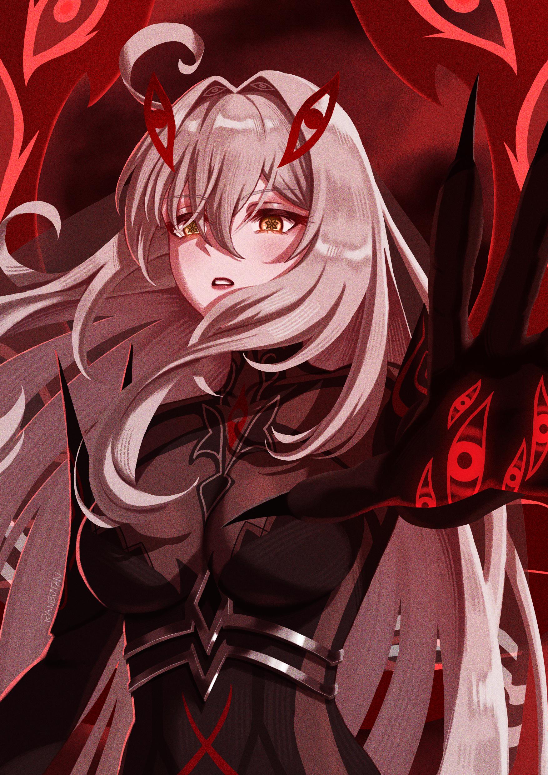 ronova (genshin impact), genshin impact, black bodystocking, absurdres, commentary, english commentary, highres, 1girl, ahoge, artist name, breasts, claws, eye hair ornament, grey hair, hair between eyes, hair intakes, hand eye, large breasts, lipstick, long hair, makeup, parted lips, ranbutan, reaching, reaching towards viewer, red lips, red wings, solo, symbol-shaped pupils, upper body, very long fingernails, very long hair, wings, yellow eyes
