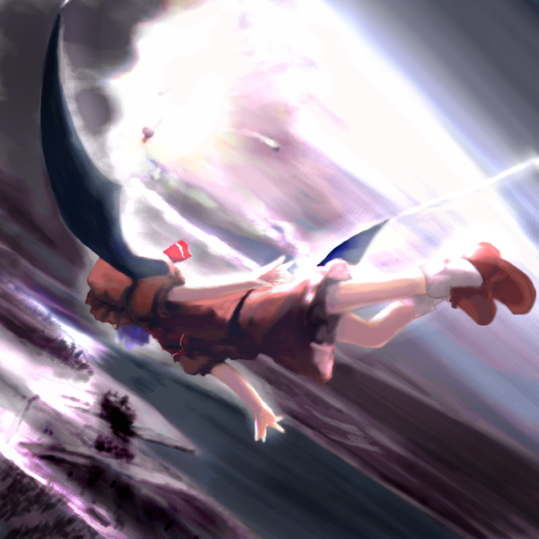 tsubasa (abchipika), remilia scarlet, touhou, 1girl, ascot, black wings, day, dress, dutch angle, female focus, flying, frilled dress, frills, from behind, hat, horizon, mob cap, ocean, outdoors, puffy short sleeves, puffy sleeves, red dress, red hat, red shoes, shoes, shore, short sleeves, socks, solo, sunlight, water, white socks, wings