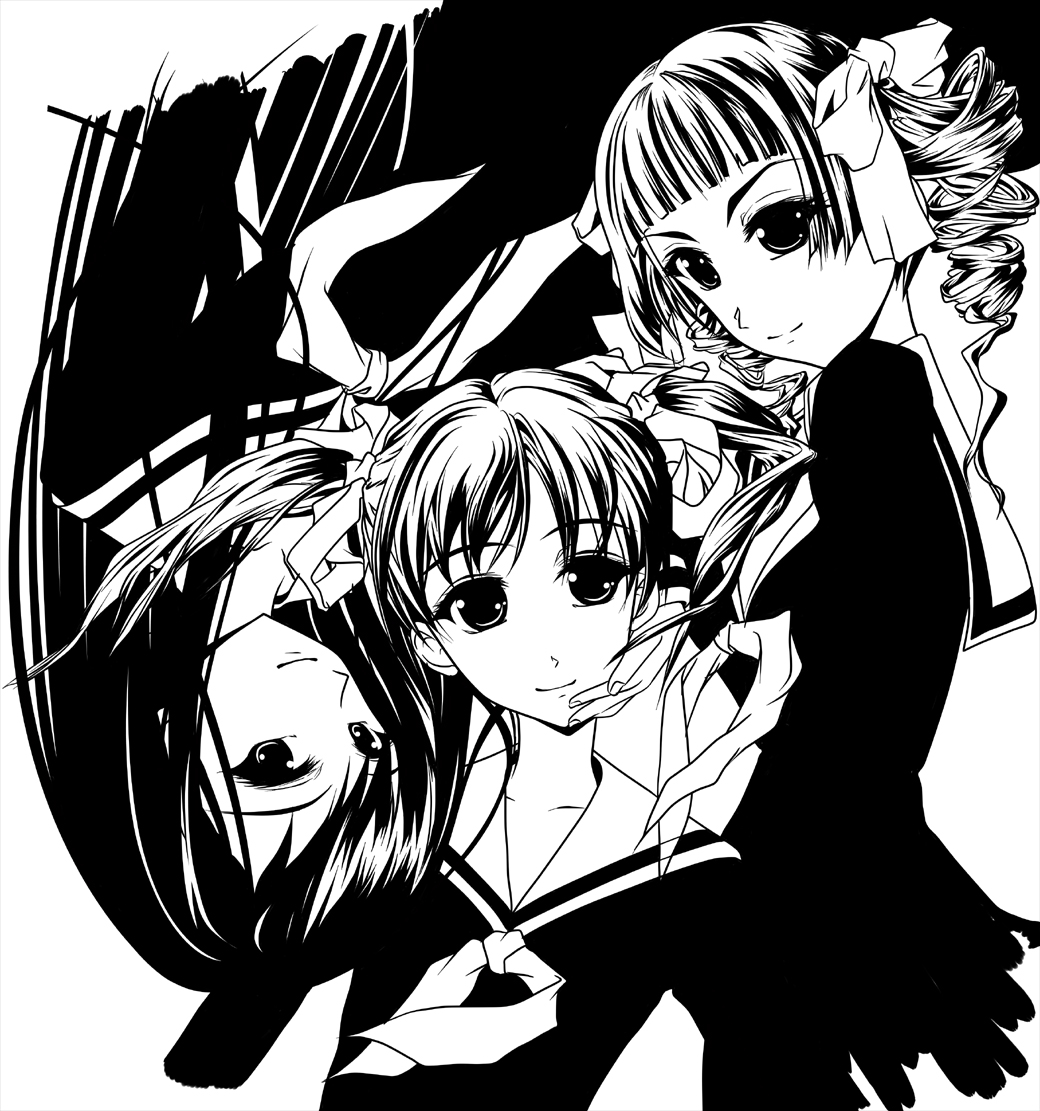 nenchi, fukuzawa yumi, matsudaira touko, ogasawara sachiko, maria-sama ga miteru, 00s, 3girls, dress, drill hair, greyscale, hair ribbon, long hair, monochrome, multiple girls, ribbon, sailor dress, school uniform, serafuku, short hair, short twintails, smile, twin drills, twintails