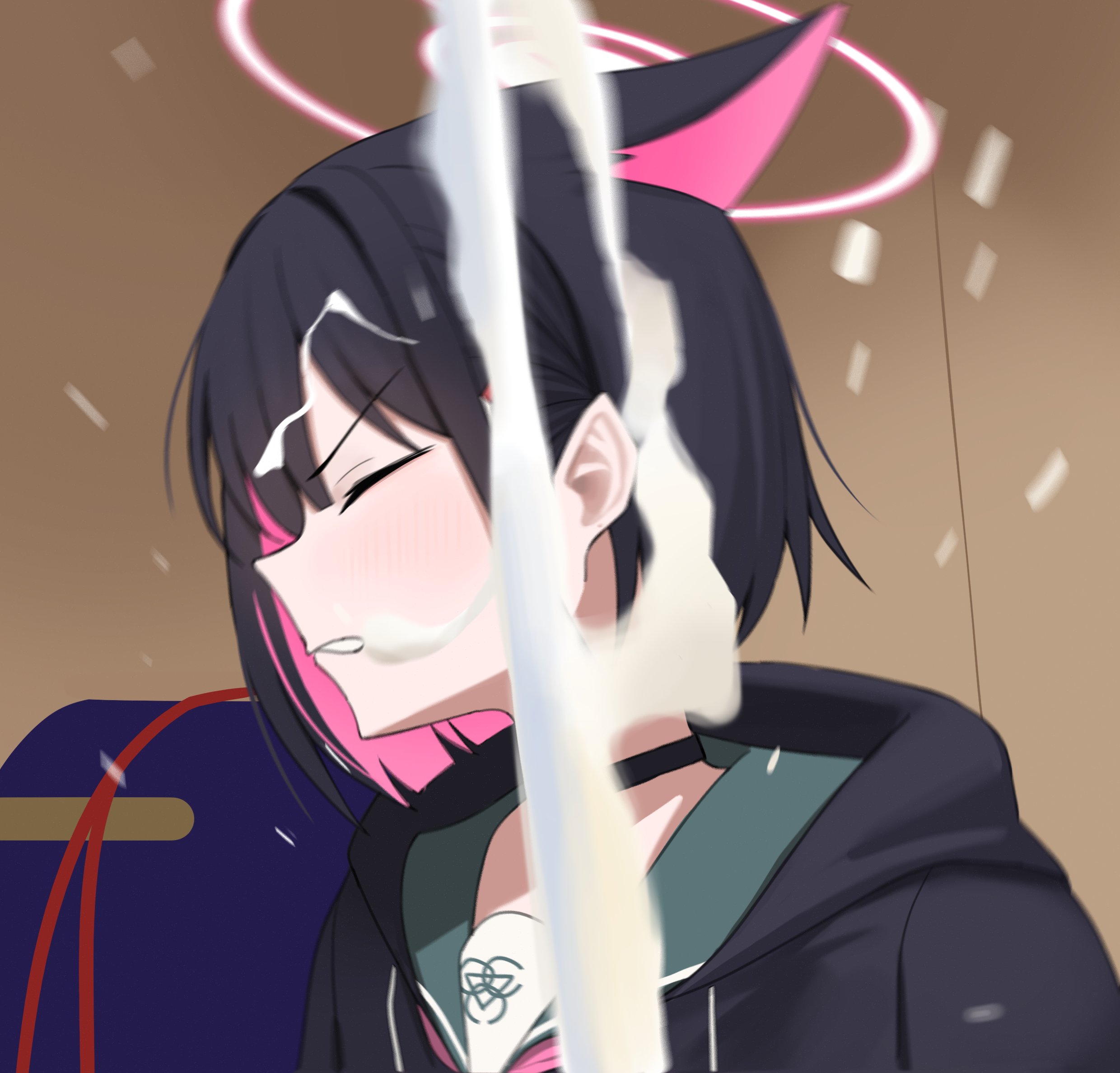 momocadraw, kazusa (blue archive), blue archive, commentary, highres, 1girl, animal ears, black choker, black hair, black jacket, blunt ends, cat ears, cat girl, choker, closed eyes, closed mouth, colored inner animal ears, colored inner hair, extra ears, green sailor collar, halo, jacket, looking to the side, meme, milk, multicolored hair, neckerchief, pink hair, pink neckerchief, sailor collar, short hair, splashing, squirting liquid, suggestive fluid, trinity general school logo, two-tone hair, v-shaped eyebrows