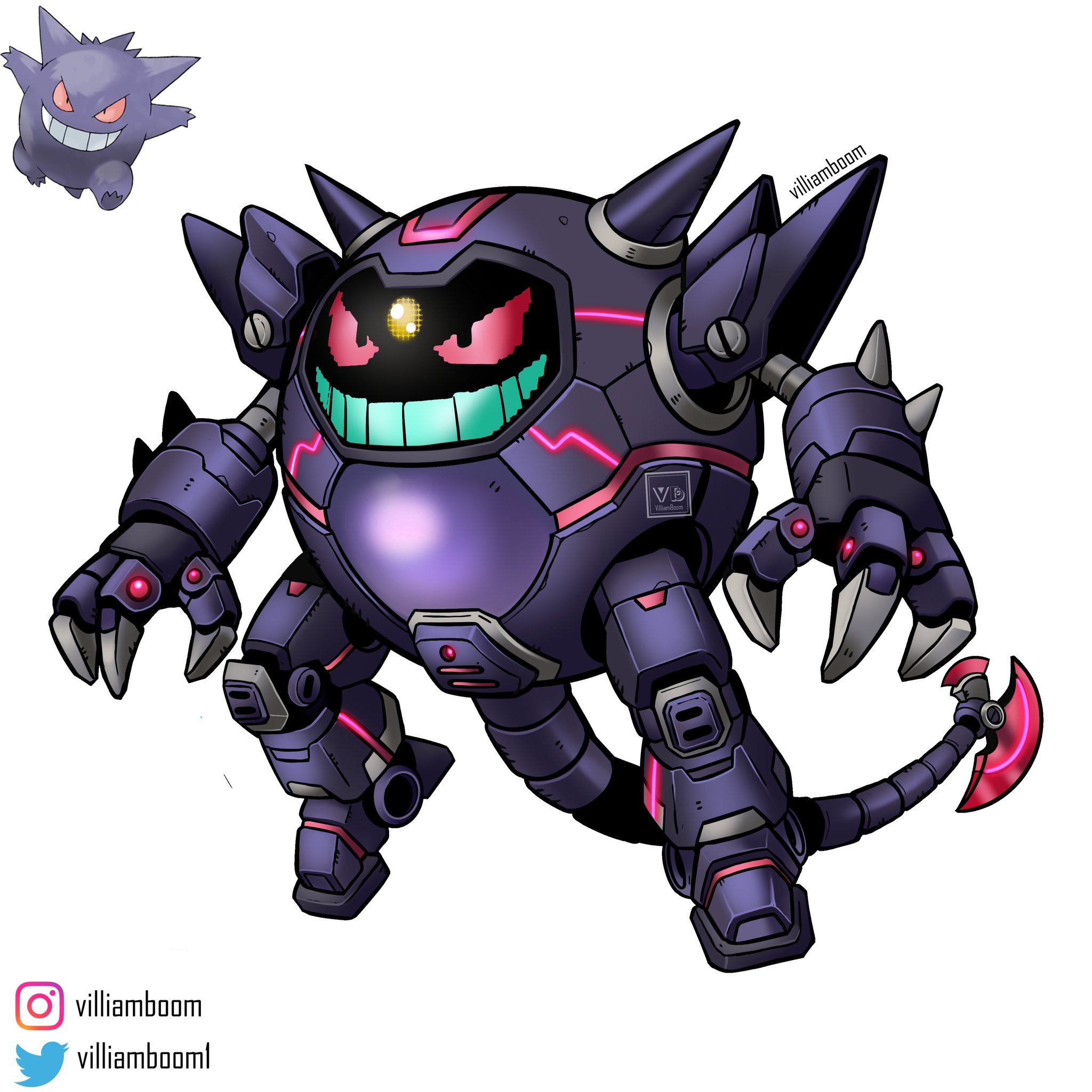 villiam boom, gengar, digimon, nintendo, pokemon, highres, digimon (creature), forehead jewel, full body, gen 1 pokemon, mecha, official art inset, robot, simple background, solo, white background