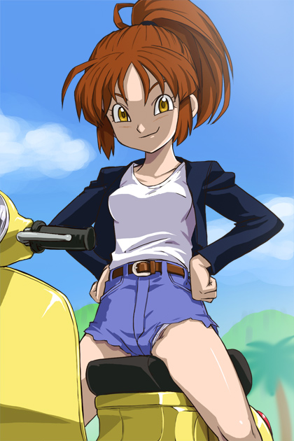 haruyama kazunori, kimidori akane, dr. slump, vehicle, 1girl, belt, breasts, brown hair, cardigan, cloud, cutoffs, denim, denim shorts, female focus, hands on own hips, looking at viewer, medium breasts, motor vehicle, outdoors, panties, panty peek, ponytail, scooter, shirt, shorts, sitting, sky, smile, solo, straddling, underwear, upshorts, white panties, white shirt, yellow eyes