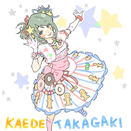 jibakurei (elite unchi), moroboshi kirari, takagaki kaede, idolmaster, idolmaster cinderella girls, lowres, 1girl, :3, m/, asymmetrical gloves, blush, character name, cosplay, dress, elbow gloves, foot out of frame, gloves, green eyes, green hair, hair ornament, hair ribbon, hand up, jewelry, legs apart, looking at viewer, mole, mole under eye, moroboshi kirari (cosplay), necklace, outstretched arm, parted lips, puffy short sleeves, puffy sleeves, ribbon, short hair, short sleeves, short twintails, single elbow glove, solo, standing, star (symbol), star hair ornament, star symbol background, striped clothes, striped dress, twintails, uneven gloves, white background, white gloves