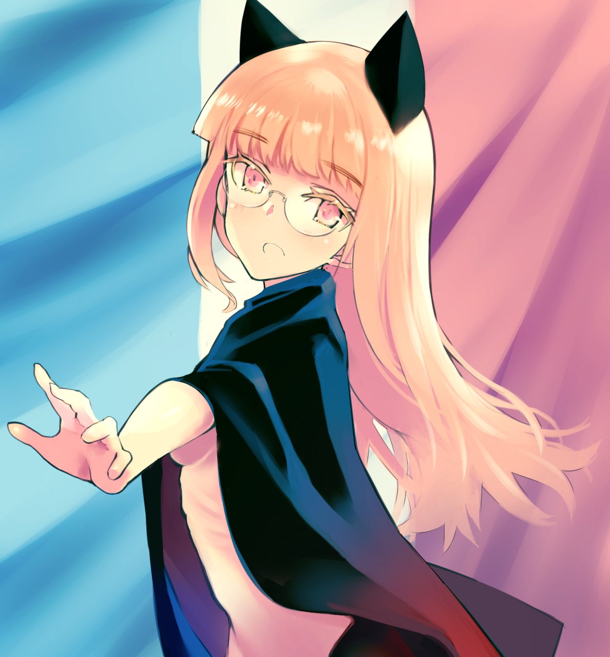 marzy dog, perrine h. clostermann, strike witches, world witches series, highres, 1girl, alternate costume, animal ears, blonde hair, cat ears, cat girl, french flag, glasses, long hair, looking at viewer, no bra, open mouth, solo, standing, upper body, yellow eyes