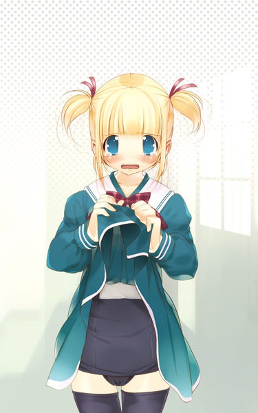 hanpen, puus, original, black one-piece swimsuit, blonde hair, blue eyes, blush, clothes lift, dress, dress lift, one-piece swimsuit, school swimsuit, school uniform, short hair, skirt, skirt lift, solo, swimsuit, swimsuit under clothes, thighhighs, twintails