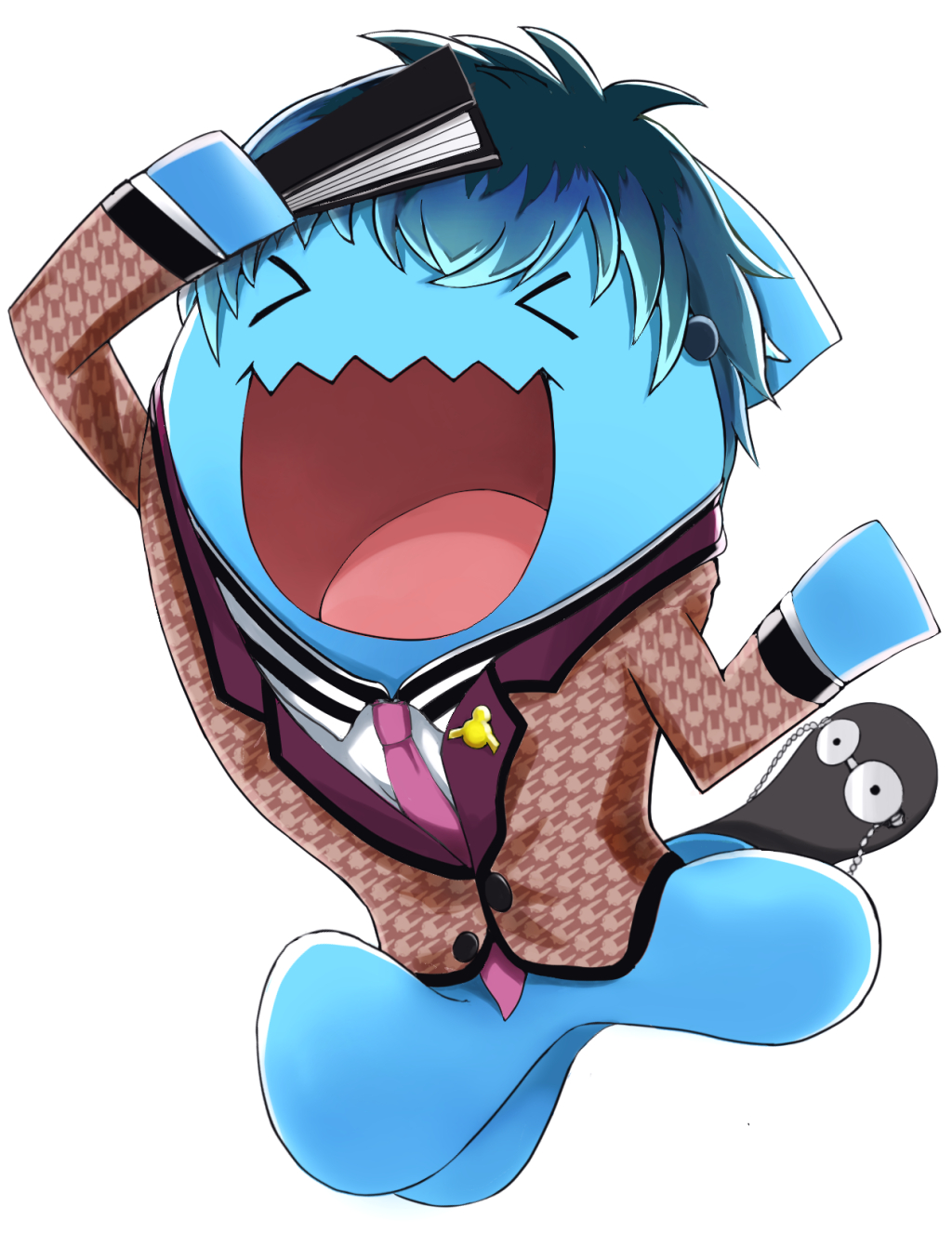 nurude sasara, wobbuffet, hypnosis mic, nintendo, pokemon, highres, :d, brown vest, cosplay, folding fan, gen 2 pokemon, hand fan, necktie, nurude sasara (cosplay), open mouth, pink necktie, pokemon (creature), salute, simple background, smile, solo, tyakota, vest, white background, wig