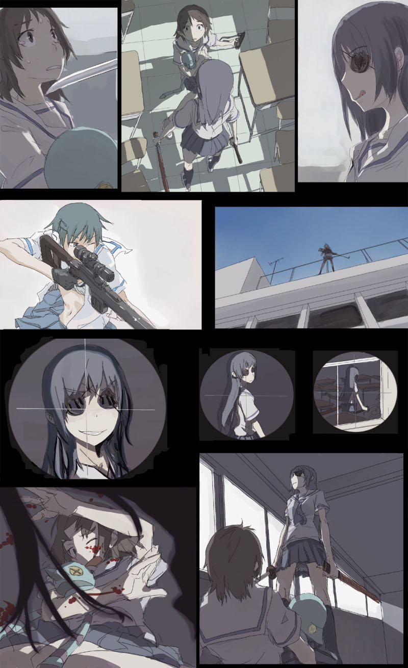 keisan, sniper, highres, 3girls, blood, comic, eyepatch, gun, headshot, multiple girls, rifle, school uniform, sniper rifle, sword, weapon