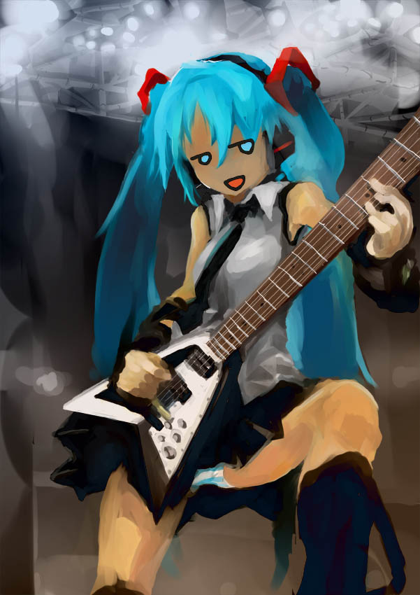 keisan, hatsune miku, vocaloid, tagme, guitar, instrument, long hair, solo, twintails, very long hair