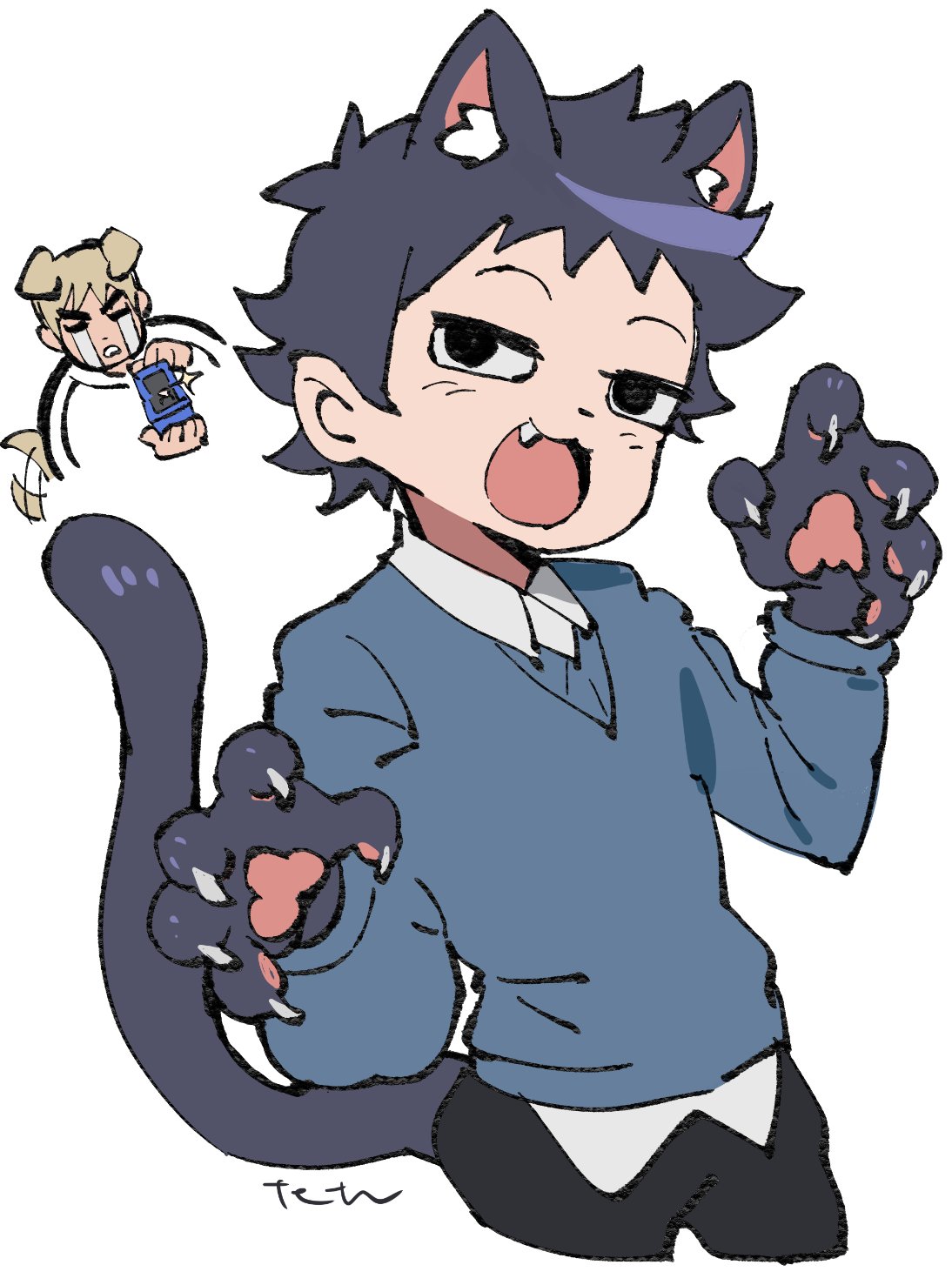 tetsu (teppei), todd ingram, wallace wells, scott pilgrim (series), scott pilgrim takes off, highres, 2boys, :3, animal ears, animal hands, black hair, blonde hair, blue sweater, cat boy, cat ears, cat paws, cat tail, crying, dog boy, dog ears, extra ears, fang, jitome, kemonomimi mode, male focus, marriage proposal, meowing, multiple boys, open mouth, short hair, simple background, sketch, smug, solo focus, sweater, tail, tail wagging, white background, yaoi