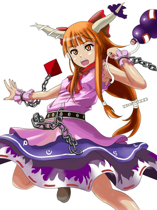 maneuero, ibuki suika, touhou, 1girl, chain, dress, female focus, horns, long hair, orange hair, ribbon, simple background, solo, white background