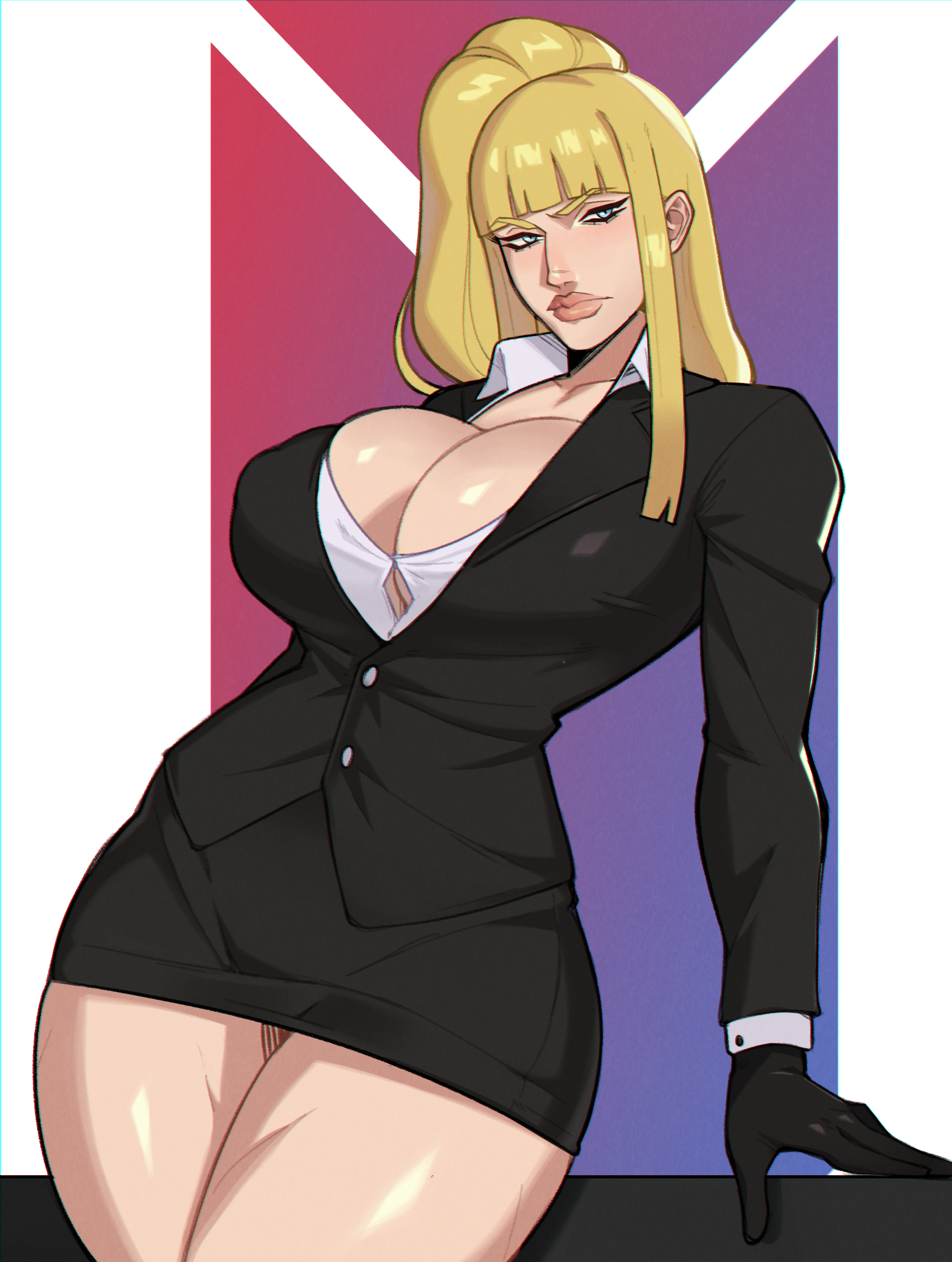 zpark, kolin, street fighter, street fighter iii (series), asymmetrical hair, black coat, black skirt, blonde hair, blue eyes, blunt bangs, breasts, cleavage, coat, ears, gloves, large breasts, office lady, shirt, side ponytail, skirt, thick lips, thick thighs, thighs, white shirt