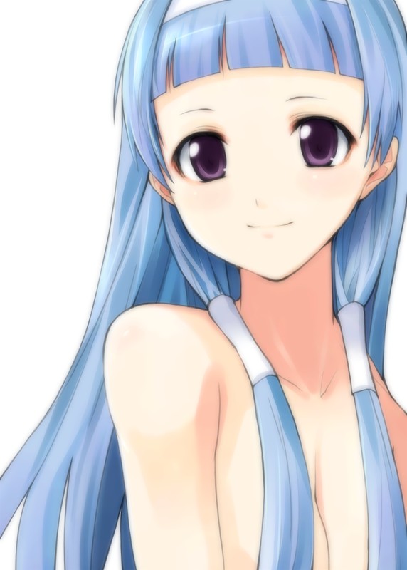 hara takehito, nagi, kannagi, bad id, bad pixiv id, 00s, 1girl, blue hair, blunt bangs, breasts, cleavage, female focus, flat chest, hair tubes, long hair, purple eyes, small breasts, solo, topless female