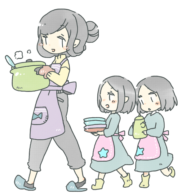 pixiv id 1298298, elrond, elros, maglor, the silmarillion, tolkien's legendarium, 3boys, age difference, androgynous, apron, blunt ends, brothers, chibi, dishes, elf, full body, height difference, holding, kettle, looking at another, looking at object, male focus, medium hair, multiple boys, open mouth, parted bangs, plate, pointy ears, siblings, simple background, slippers, step-parent and step-child, twins, walking, white background