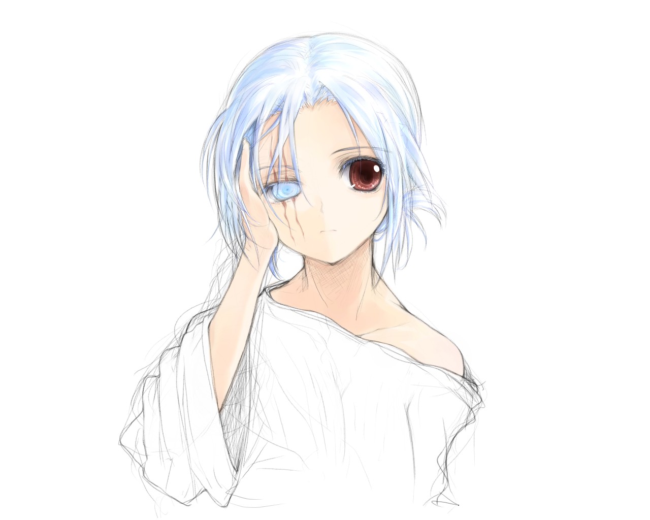 hara takehito, original, bad id, bad pixiv id, 1girl, blue eyes, blue hair, brown eyes, female focus, heterochromia, scar, scar across eye, scar on face, short hair, sketch, solo
