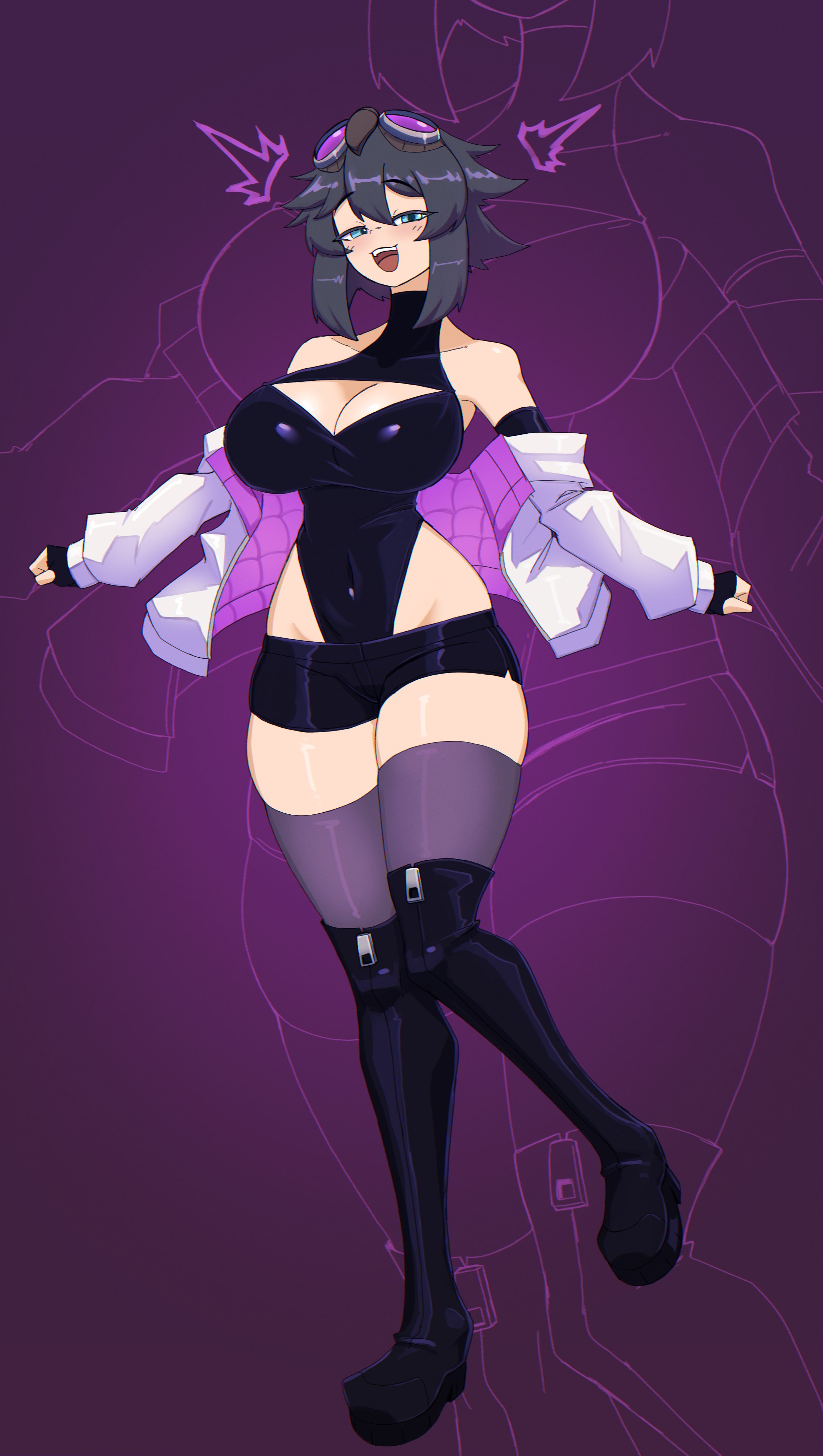 doce, sierra dazorelle (dazorelle), original, absurdres, highres, 1girl, :d, bare shoulders, black boots, black gloves, black hair, black leotard, black shorts, blue eyes, blush, boots, borrowed character, breasts, cleavage, cleavage cutout, clothing cutout, collarbone, elbow gloves, female focus, fingerless gloves, full body, gloves, goggles, goggles on head, hair between eyes, half-closed eyes, jacket, jacket partially removed, large breasts, leotard, looking at viewer, micro shorts, open clothes, open jacket, open mouth, purple background, short hair, shorts, skindentation, smile, solo, standing, standing on one leg, thigh boots, thighhighs, tinted eyewear, white jacket