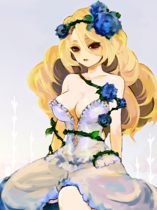 hiro (pixiv), lujei piche, grimgrimoire, nippon ichi, 1girl, blonde hair, breasts, cleavage, dress, female focus, flower, hair ornament, large breasts, long hair, red eyes, solo