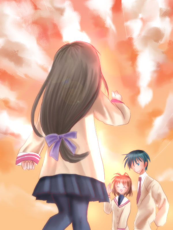 tonami, furukawa nagisa, ibuki fuuko, okazaki tomoya, clannad, bad id, bad pixiv id, 00s, antenna hair, blue eyes, brown hair, long hair, pantyhose, school uniform