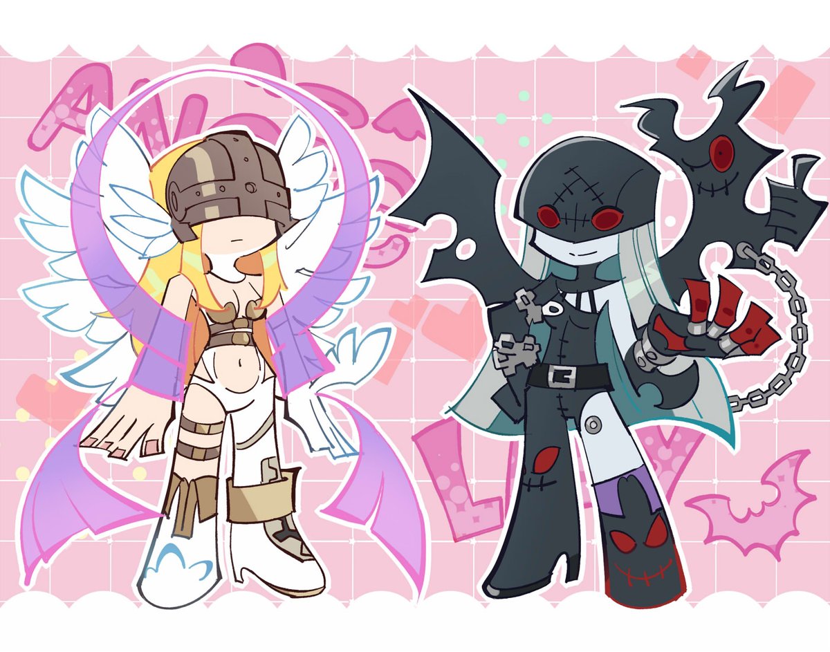 futa yuri ryona, angewomon, ladydevimon, digimon, panty & stocking with garterbelt, 2girls, angel, angel and devil, black bodysuit, blonde hair, bodysuit, chain, character name, chibi, clothing cutout, colored skin, covered eyes, demon girl, digimon (creature), feathered wings, full body, grey hair, grey skin, helmet, helmet over eyes, long hair, multiple girls, pink background, purple ribbon, ribbon, stomach cutout, thumbs up, torn bodysuit, torn clothes, white bodysuit, white wings, wings