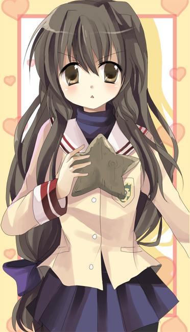 chocho (homelessfox), ibuki fuuko, clannad, bad id, bad pixiv id, 00s, 1girl, blush, brown hair, female focus, long hair, pantyhose, school uniform, solo, starfish, yellow eyes