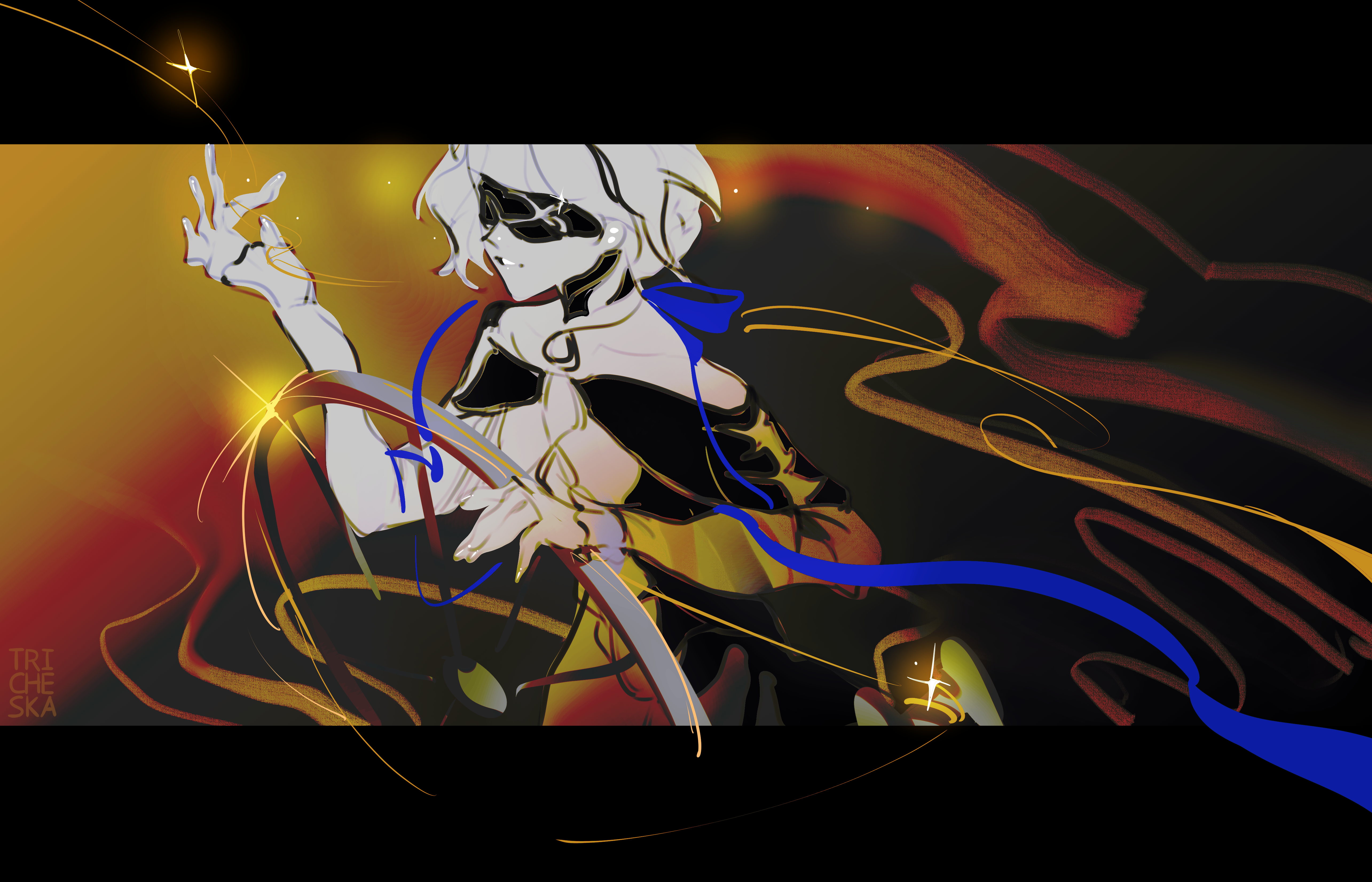 tricheska, urd (reverse:1999), reverse:1999, absurdres, highres, non-web source, 1girl, bandages, bandages over eyes, blind, dress, inktober, short hair, smile, solo, weaving