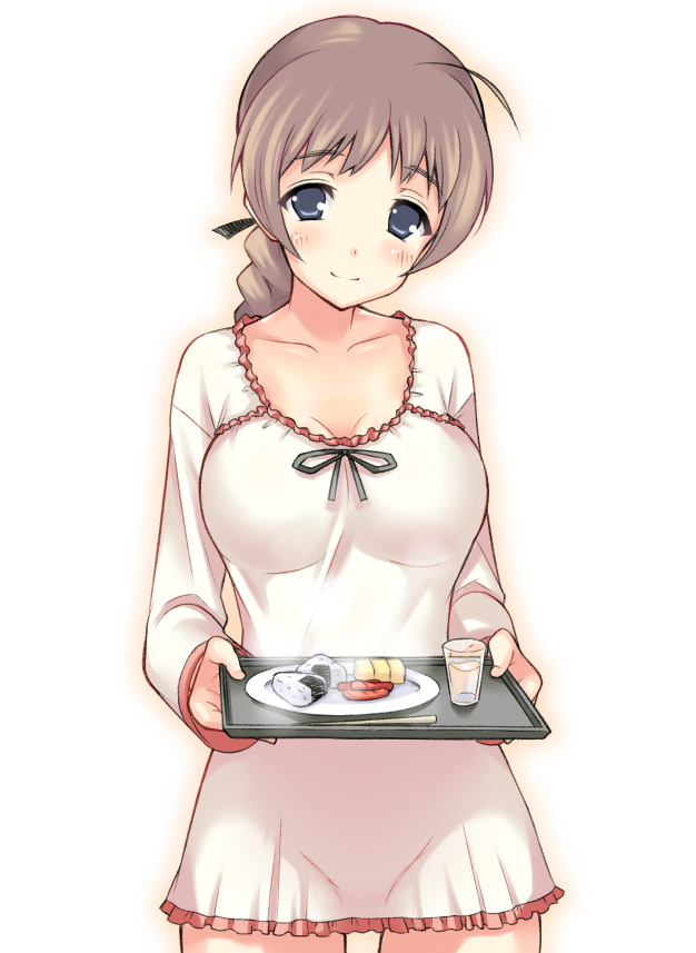 aida takanobu, lynette bishop, strike witches, world witches series, bad id, bad pixiv id, 00s, 1girl, ahoge, blush, braid, breasts, brown hair, dress, female focus, food, large breasts, long hair, onigiri, plate, single braid, smile, solo, tray