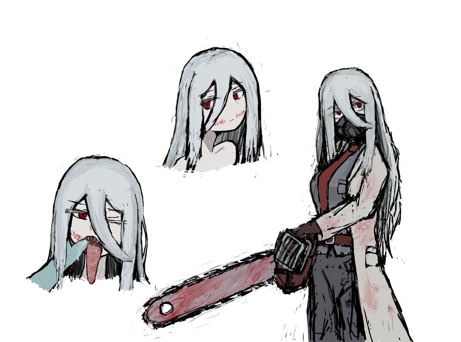 artist request, tagme, 1girl, chainsaw, long tongue, one eye closed, red eyes, scar, tongue, tongue out, wink