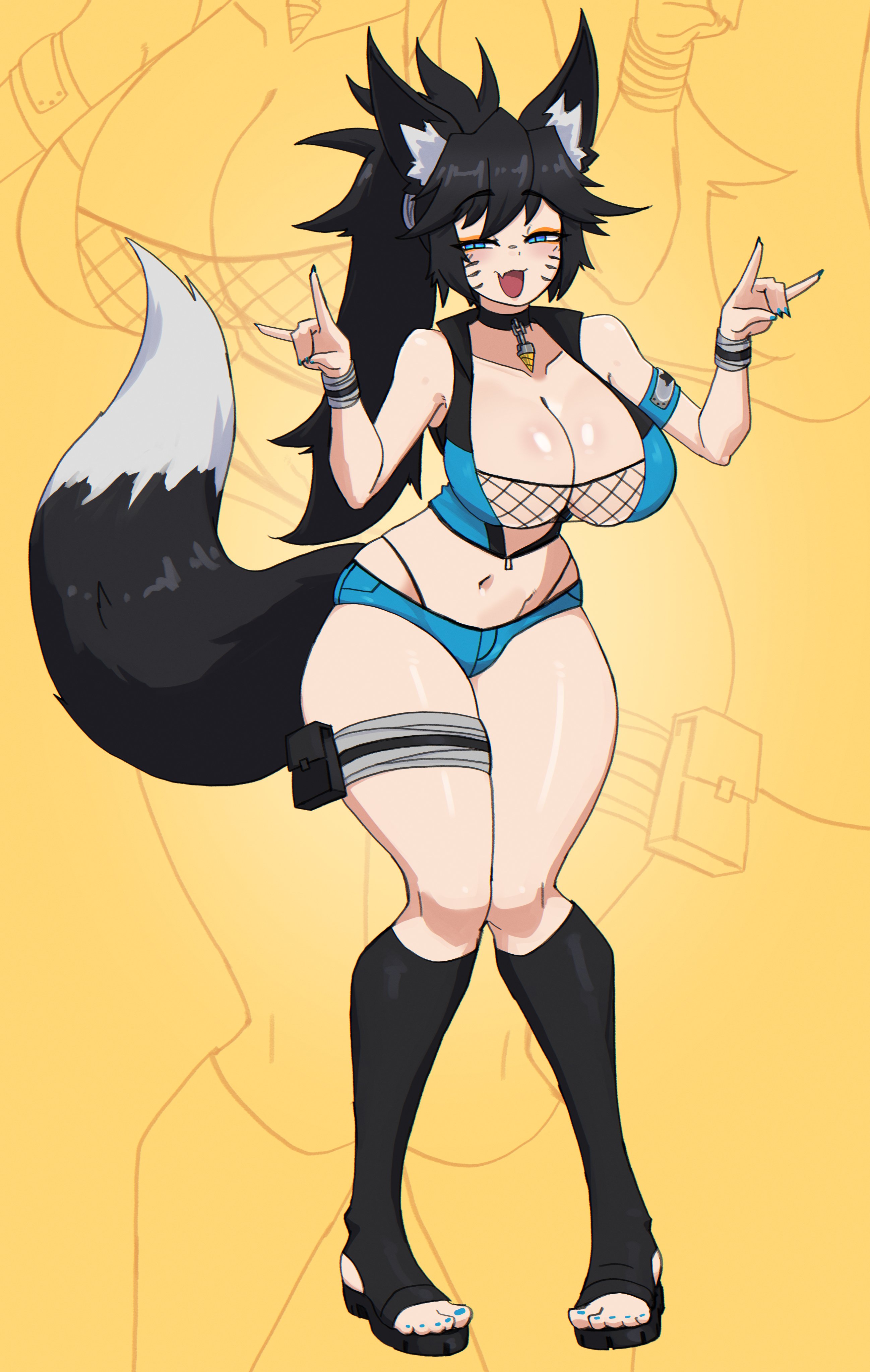 doce, original, absurdres, highres, 1girl, :3, :d, n/, animal ears, armband, bare shoulders, black hair, blue eyes, blue shorts, borrowed character, breasts, choker, cleavage, collarbone, cropped jacket, double n/, fang, female focus, fishnets, fox ears, fox girl, fox tail, full body, half-closed eyes, jacket, kneehighs, large breasts, long hair, looking at viewer, micro shorts, nail polish, navel, open clothes, open jacket, open mouth, pantylines, ponytail, sandals, shorts, skin fang, skindentation, smile, socks, solo, tail, thigh strap, thighs, toeless legwear, toes, wristband, yellow background