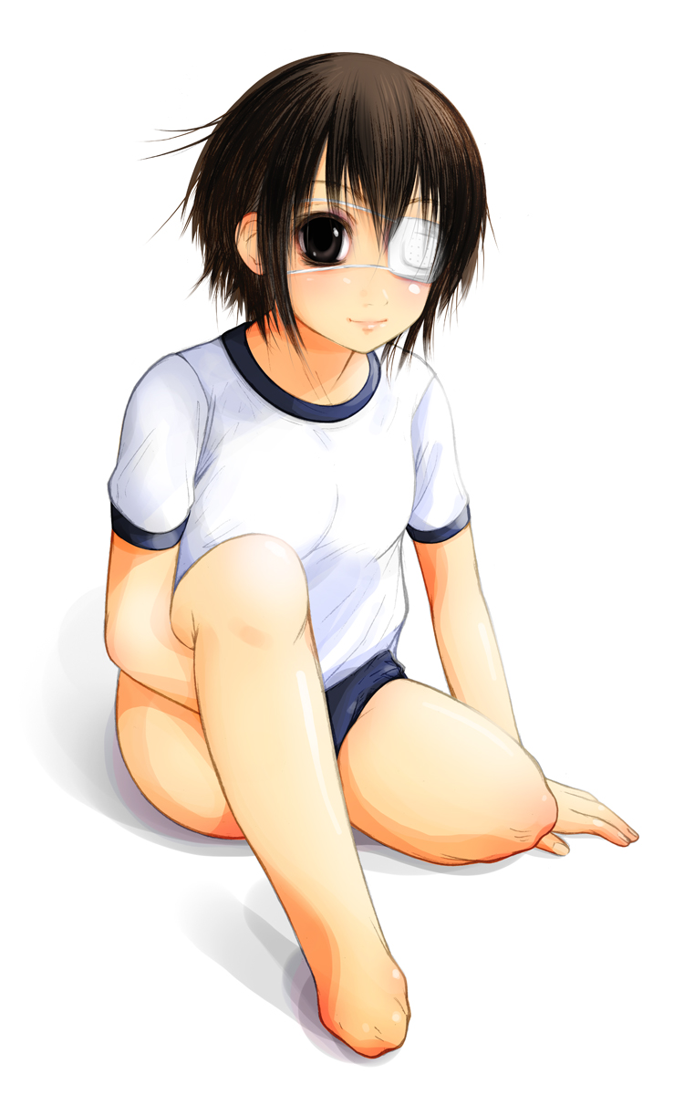 exhume, original, highres, 1girl, amputee, black eyes, brown hair, buruma, eyepatch, female focus, gym uniform, short hair, sitting, solo, white background