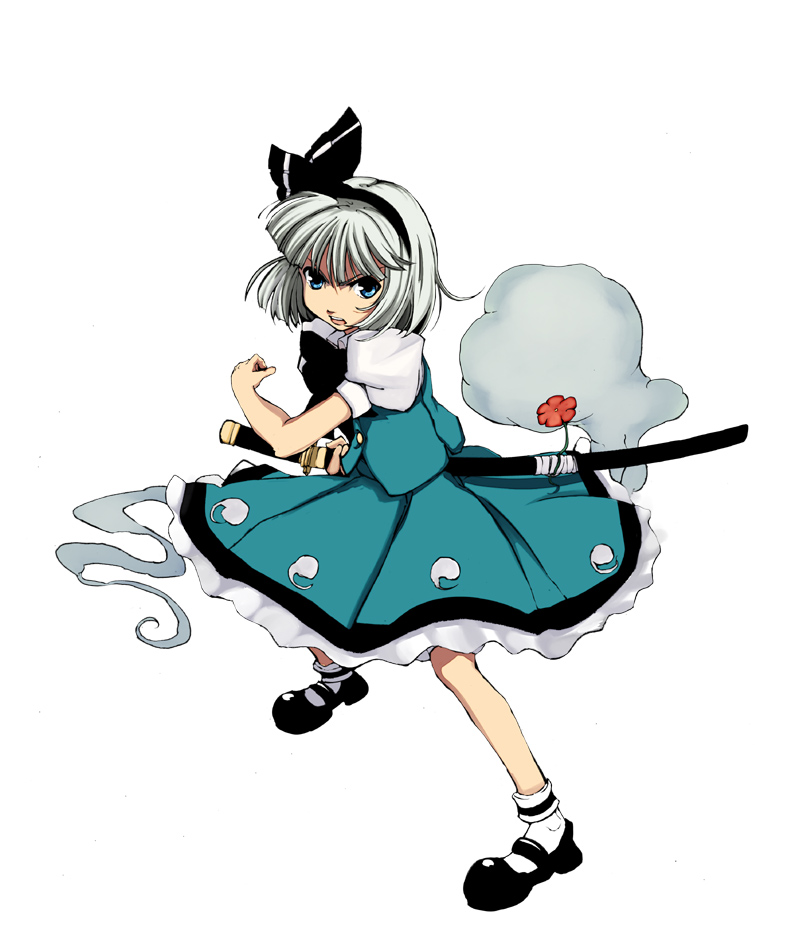 futami shinen, konpaku youmu, konpaku youmu (ghost), touhou, silver hair, 1girl, blue eyes, bobby socks, dress, female focus, fighting stance, floating, full body, ghost, green dress, hitodama, looking at viewer, mary janes, shoes, short hair, simple background, socks, solo, standing, white background, white socks