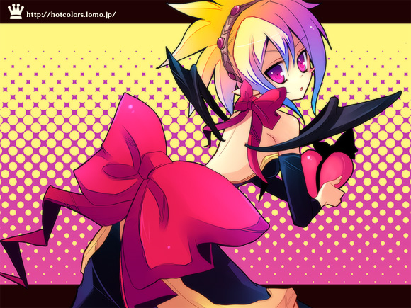 milano, rozalin, disgaea, makai senki disgaea 2, bat wings, blonde hair, dress, heart, ribbon, solo, wings