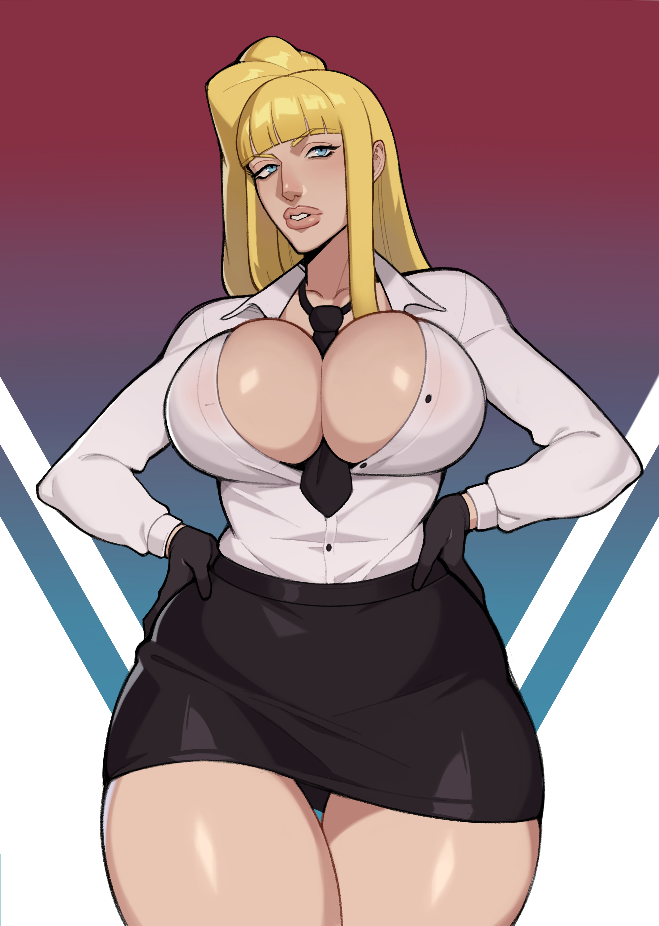 kolin, street fighter, street fighter iii (series), asymmetrical hair, black gloves, black panties, black skirt, blonde hair, blue eyes, blunt bangs, breasts, eyebrows hidden by hair, gloves, hands on own hips, large breasts, looking at viewer, necktie, office lady, panties, parted lips, shirt, side ponytail, skirt, thick lips, thick thighs, thighs, underwear, white shirt, wide hips