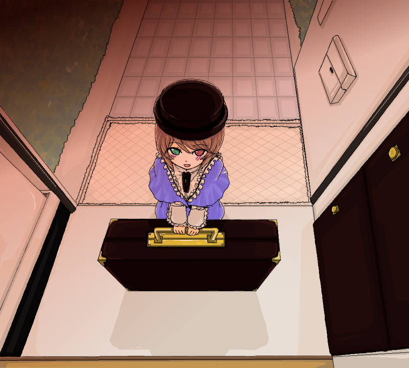 boku, nora (artist), nora (nrkr), souseiseki, rozen maiden, luggage, bad id, bad pixiv id, 00s, 1girl, blush, brown hair, female focus, hat, heterochromia, short hair, solo