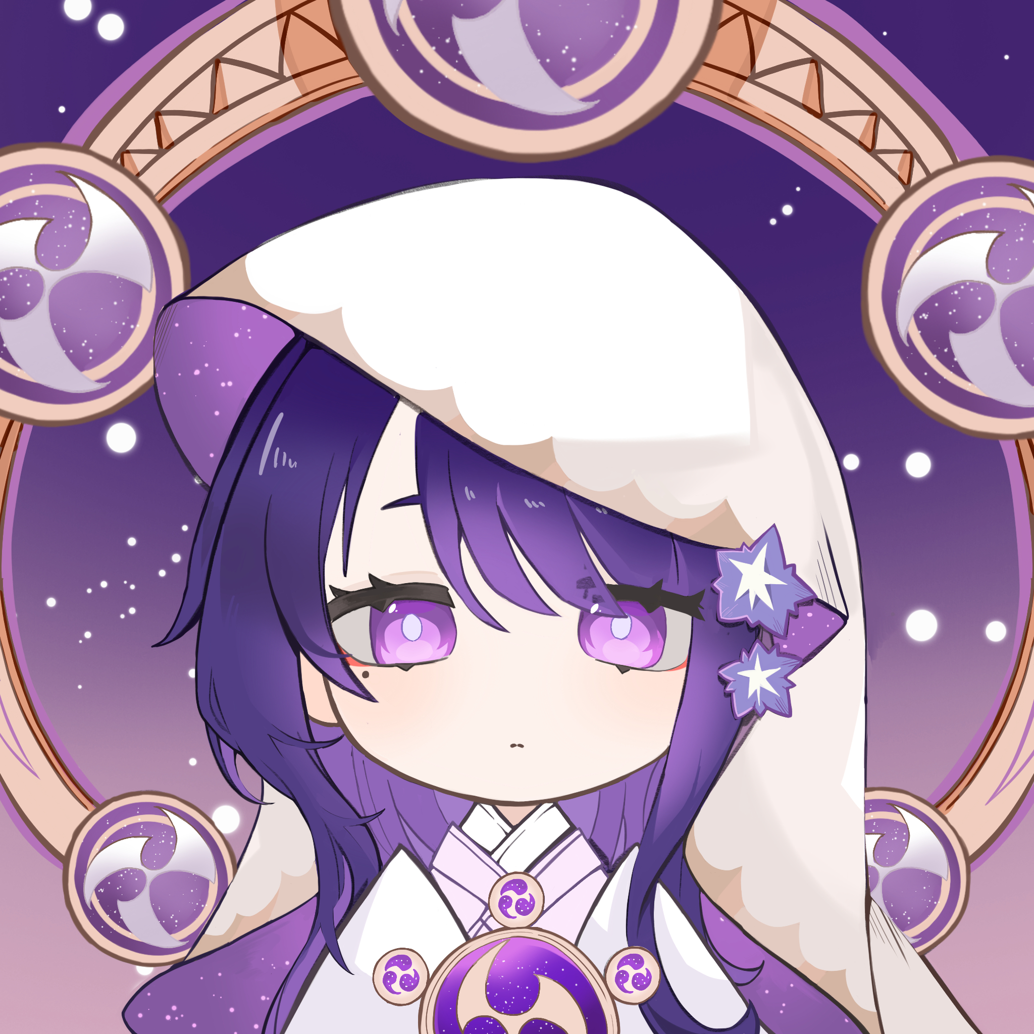 raiden shogun, genshin impact, artist request, highres, 1girl, blue pupils, blunt bangs, buddhism, chibi, chibi only, close-up, closed mouth, expressionless, flower, hair flower, hair ornament, holding, japanese clothes, long hair, looking at viewer, mitsudomoe (shape), mole, mole under eye, multicolored eyes, official alternate costume, own hands together, purple background, purple eyes, purple flower, robe, shade, solo, standing, tomoe (symbol), upper body, veil, white robe, white veil