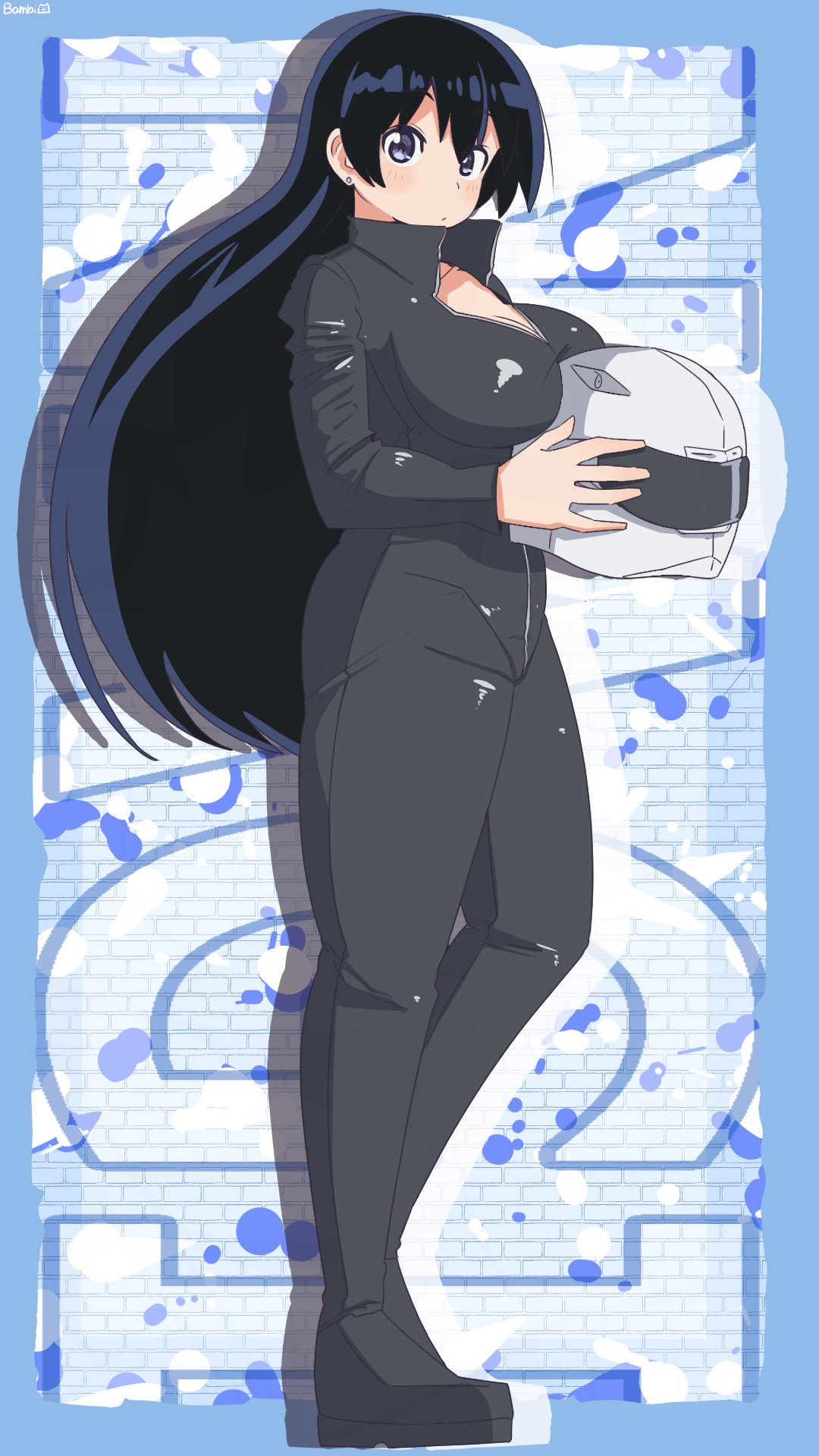 bambi2000line, arato nagi, ruri no houseki, highres, 1girl, alternate costume, black eyes, black hair, breasts, full body, helmet, holding, large breasts, long hair, looking at viewer, solo, standing